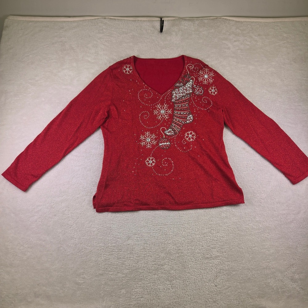 Red Metallic Christmas Stocking Snowflake Sequin V-Neck Sweater Long Sleeve